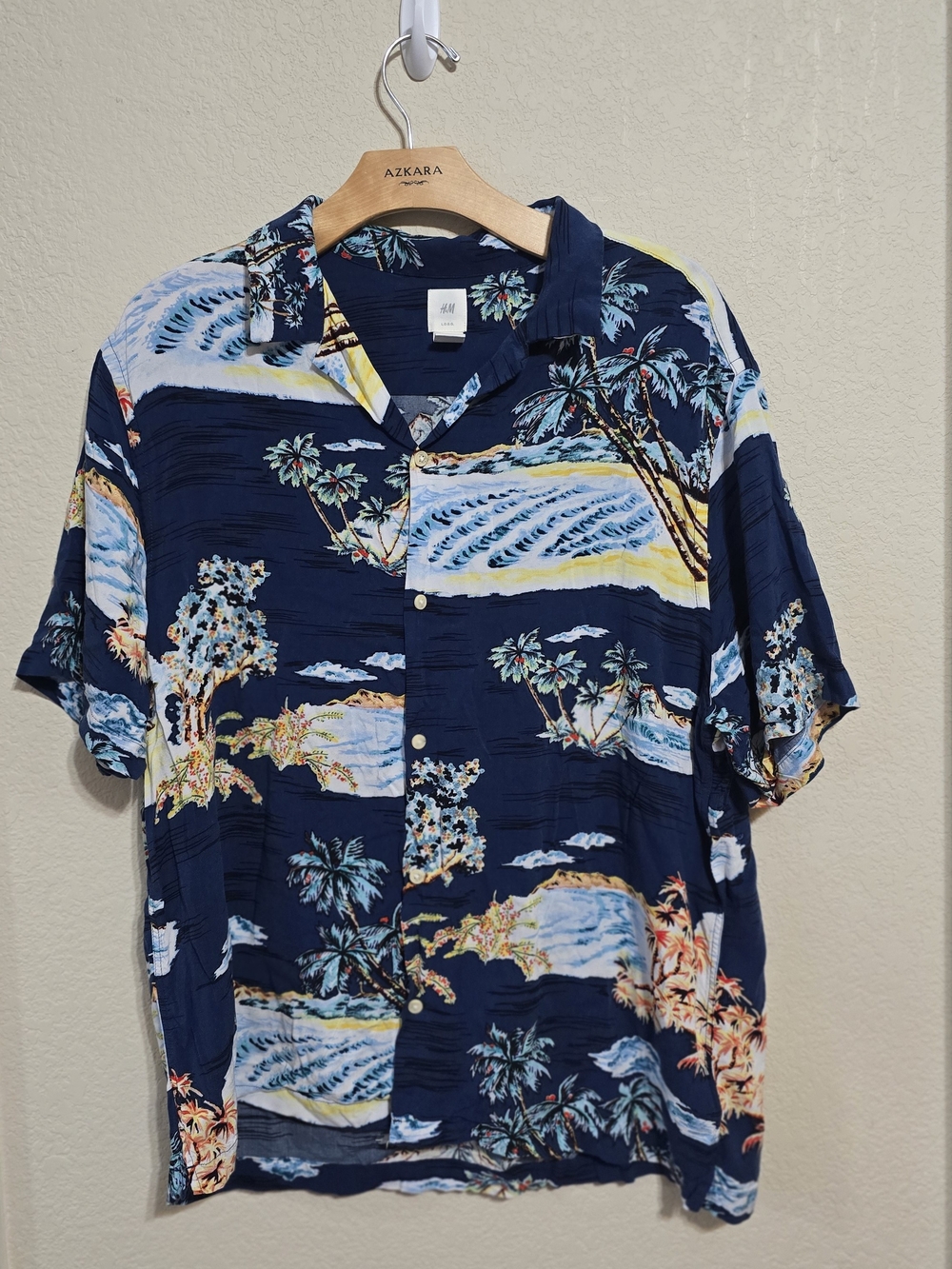 H&M Navy Blue Tropical Print Short-Sleeve Shirt